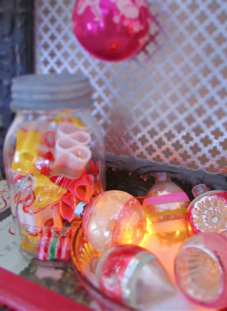 Ribbon candy and vintage shiny brite ornaments as Christmas decor fillers.