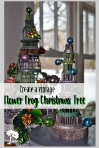 Repurpose vintage flower frogs as a Christmas tree. Stacked together with vintage Shiny Brite ornaments, they become a fun arrangement.
