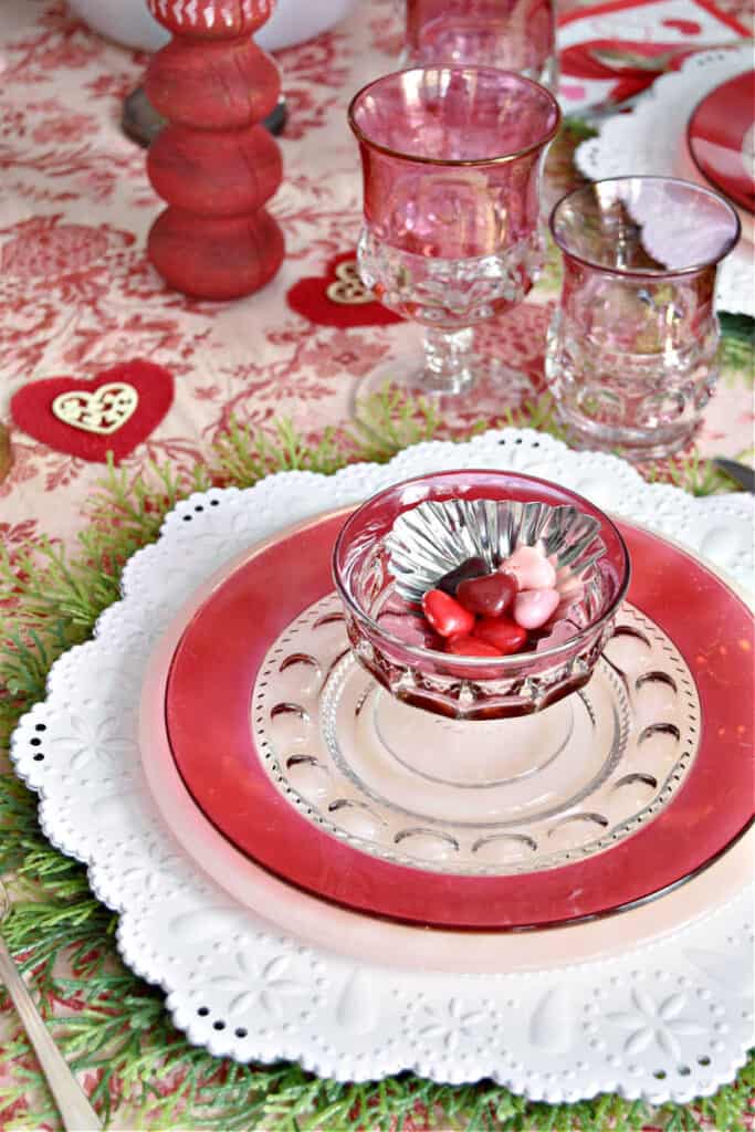Valentine's Day table setting with vintage dishes