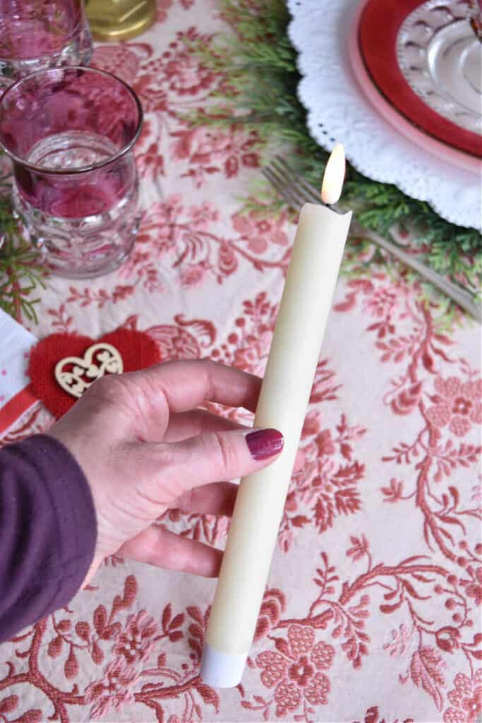 Faux pillar candles for a Valentine's tablesetting