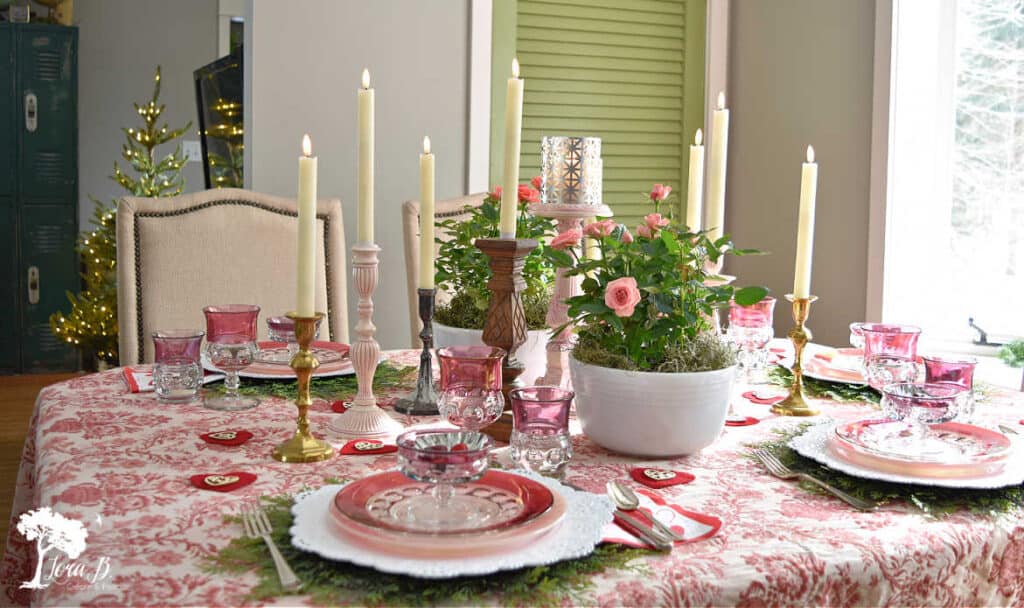 Valentine's Day table setting with vintage dishes