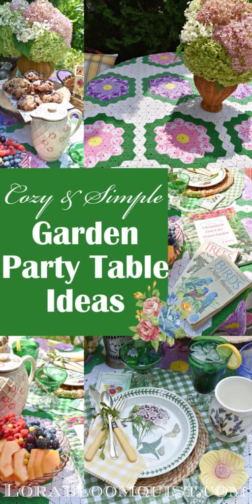 Colorful summer table setting with garden style. Pin.