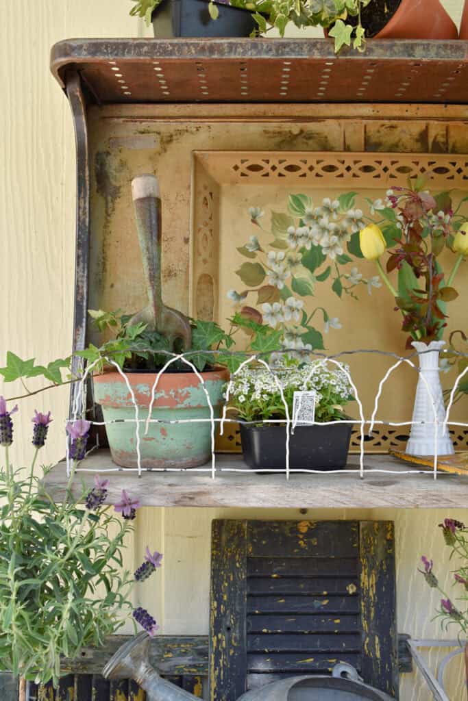 Upcycled vintage stove shelf garden vignette.