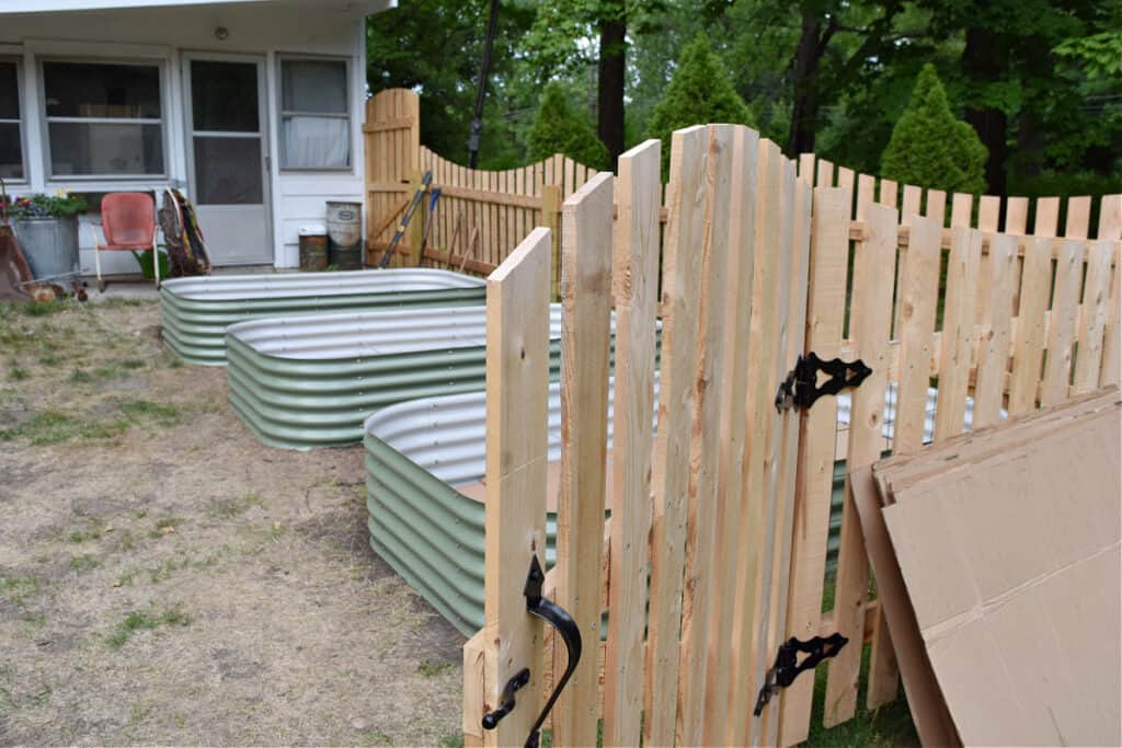 Picket fenced garden with Vego garden raised beds.