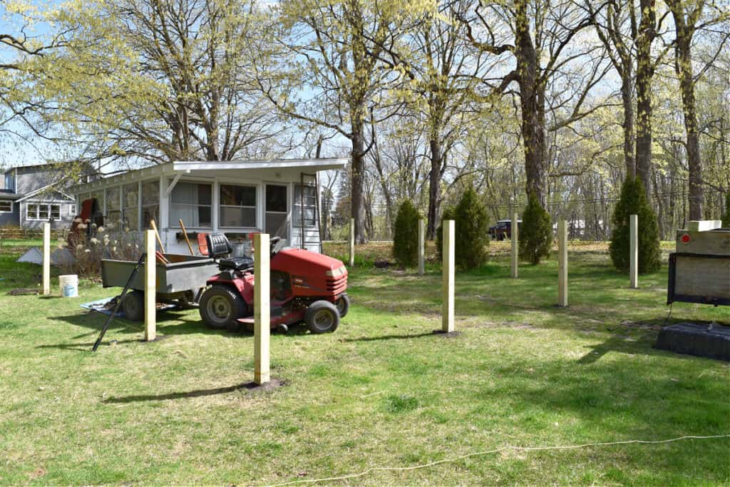 Placing fenceposts for a picket fenced garden.