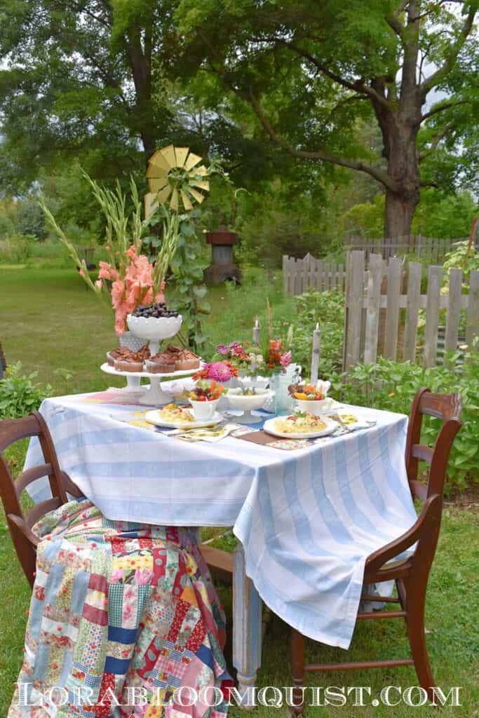 Summer garden party table with vintage milk glass.