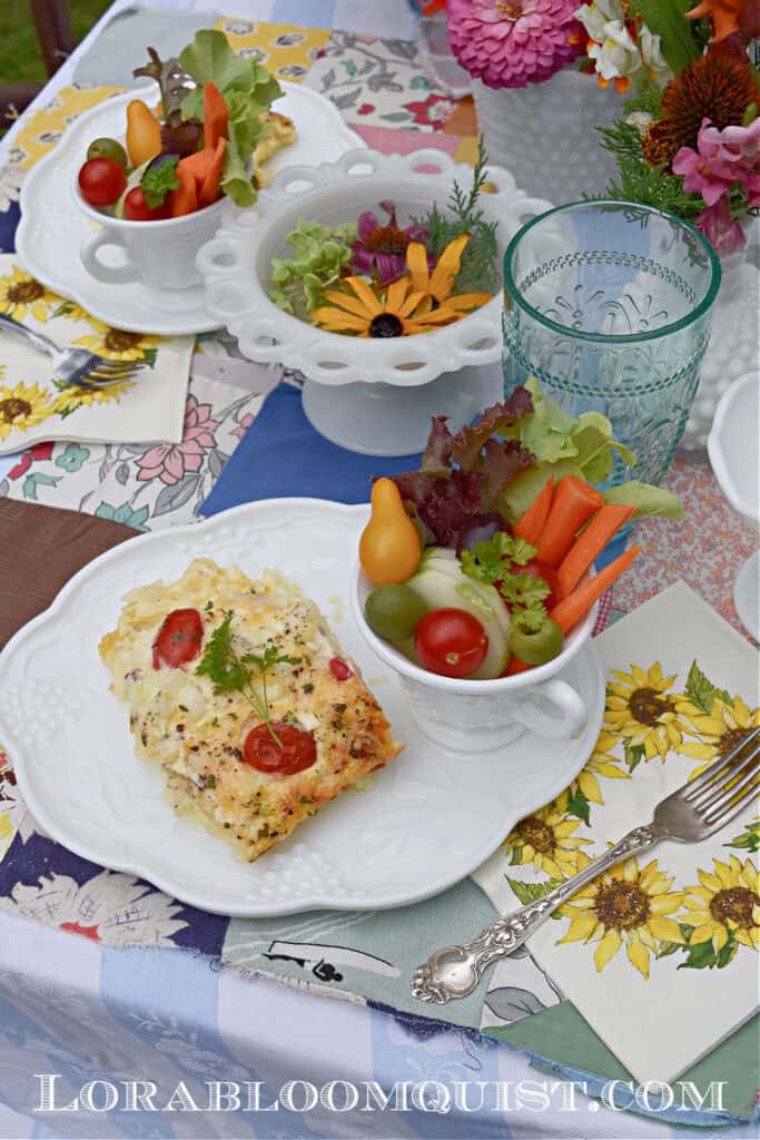 Garden party food served on milk glass luncheon sets.