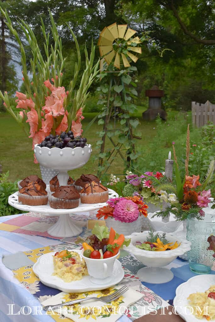 Colorful summer garden party table setting with milkglass.