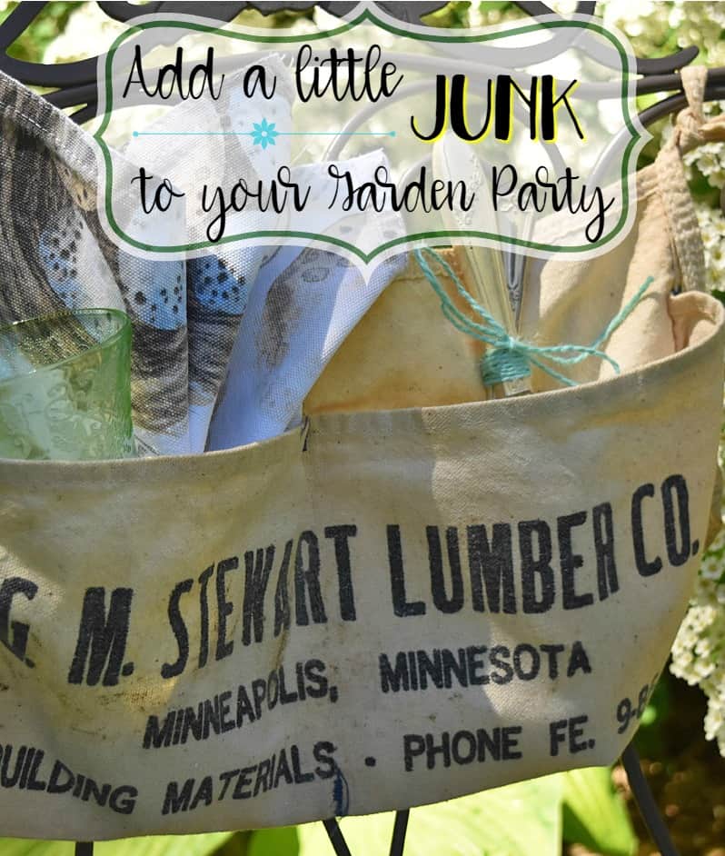 Add a little junk to your next garden party. Combining vintage metal, wood and fabric to pretty, green depression glass dishes creates a lovely atmosphere. #garden party #vintagegardenparty #vintageglassware #greendepression #repurposing #repurposingvintage