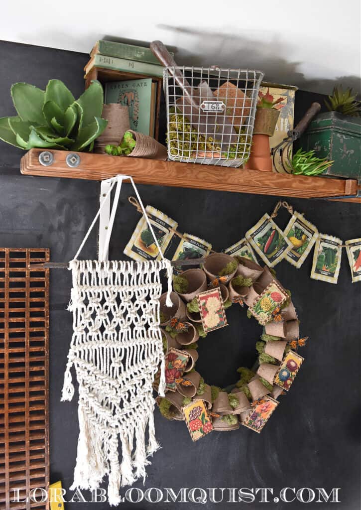 Peat pot garden wreath and seed packet garland