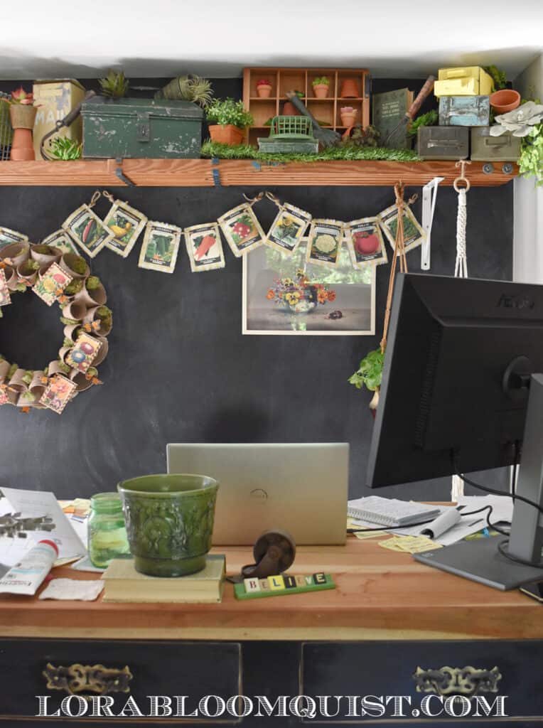 Garden shed themed accessories on shelf in studio office