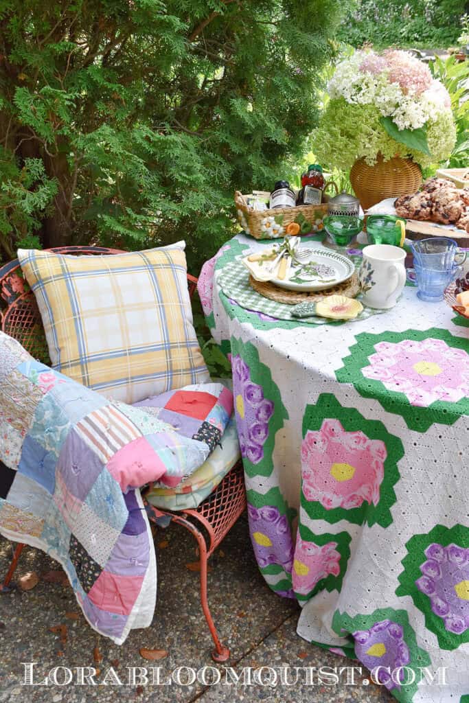 Colorful summer vintage linens for garden party.