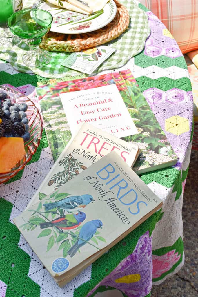 Vintage nature books as summer garden party reading.