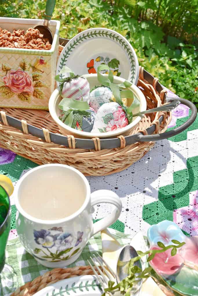 Wicker serving tray for a summer garden party.