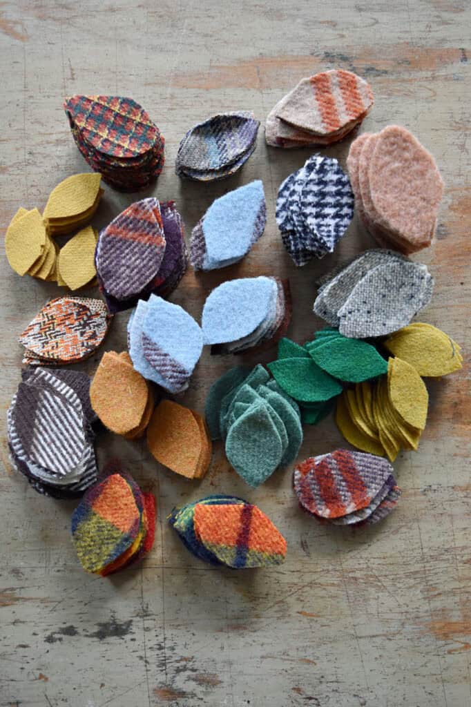 Wool fabric scrap leaves to make garland