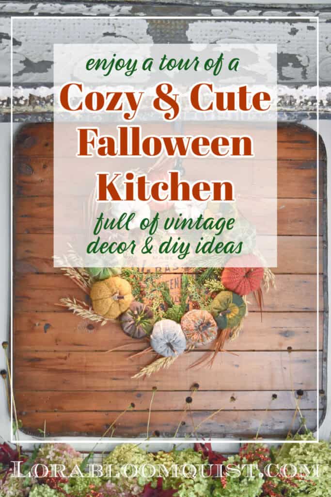 Fabric pumpkin wreath on old wood backdrop.