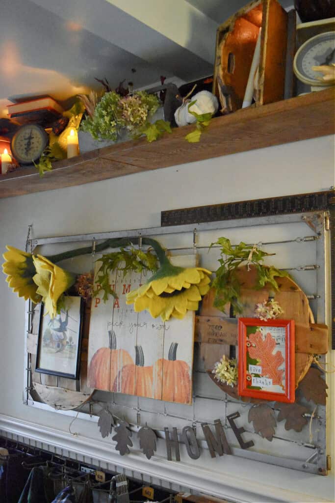 Harvest decor display with vintage finds.