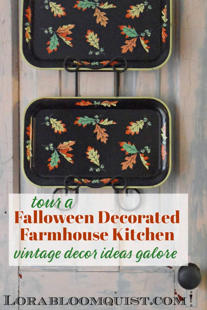 Fall leaves vintage metal trays in plate rack.