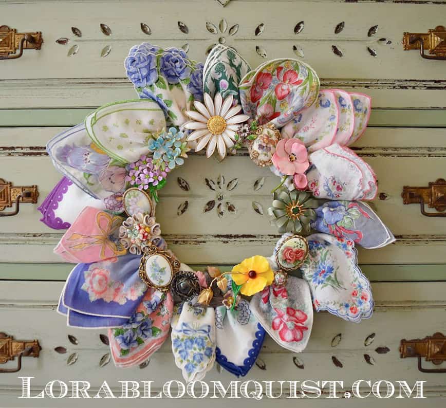 Unique handkerchief and vintage jewelry wreath.