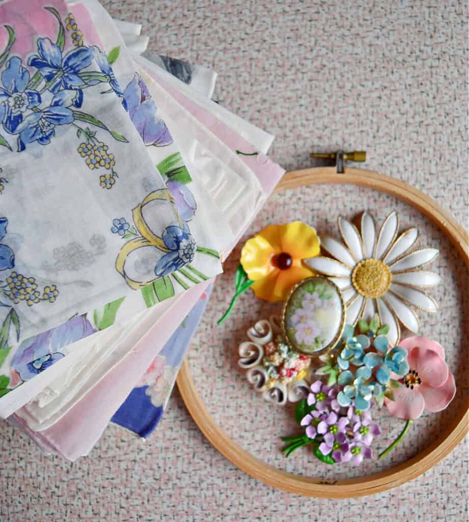 Old hankies and jewelry for DIY wreath.
