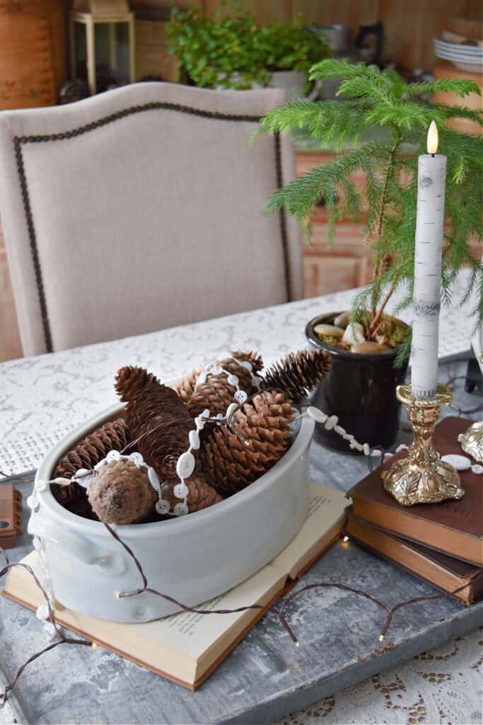 Pinecones in bowl as winter centerpiece.