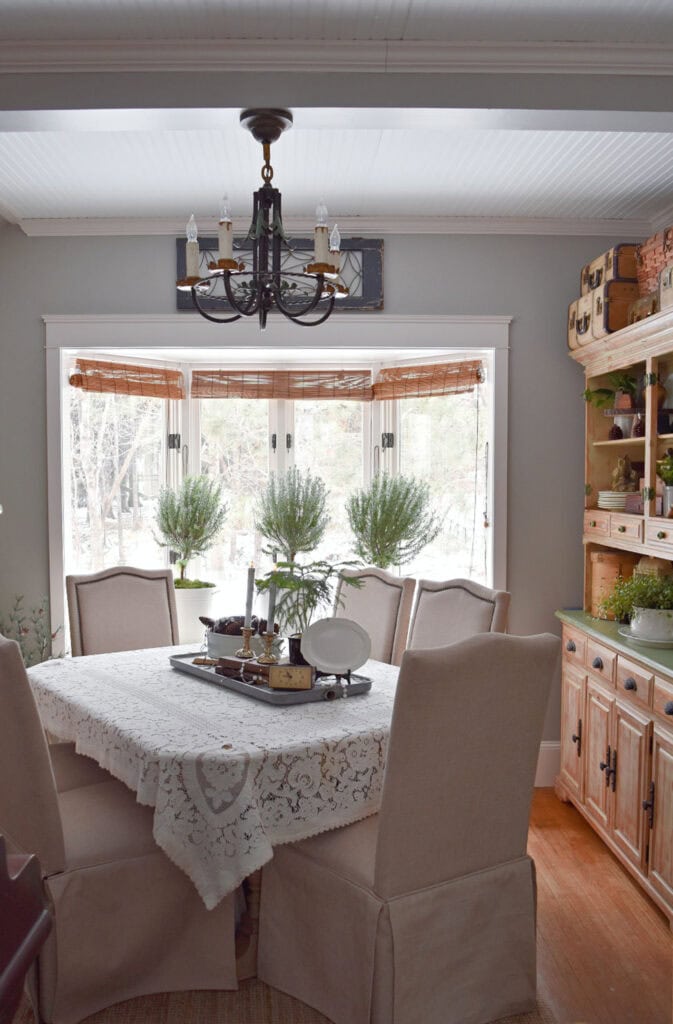 Dining room with neutral vintage inspired style.