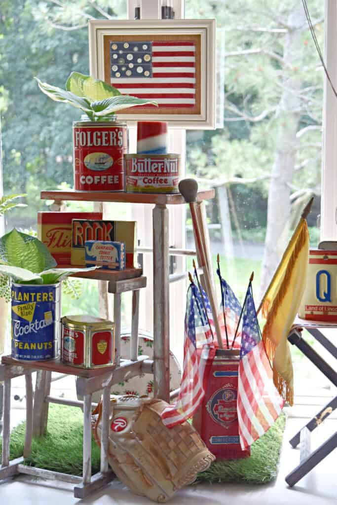 Old tins and vintage games as Americana Fourth of July decor.