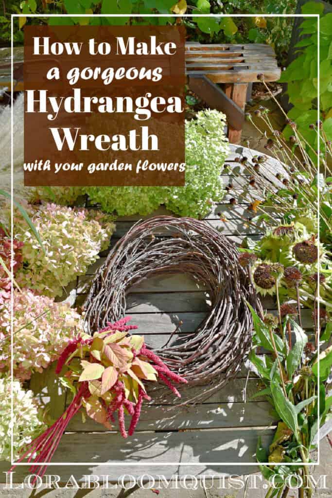 Hydrangea wreath with garden flowers.