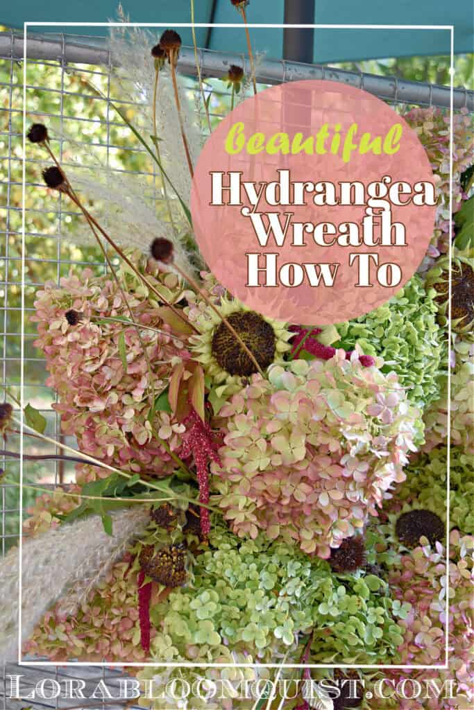 Hydrangea wreath with garden flowers.