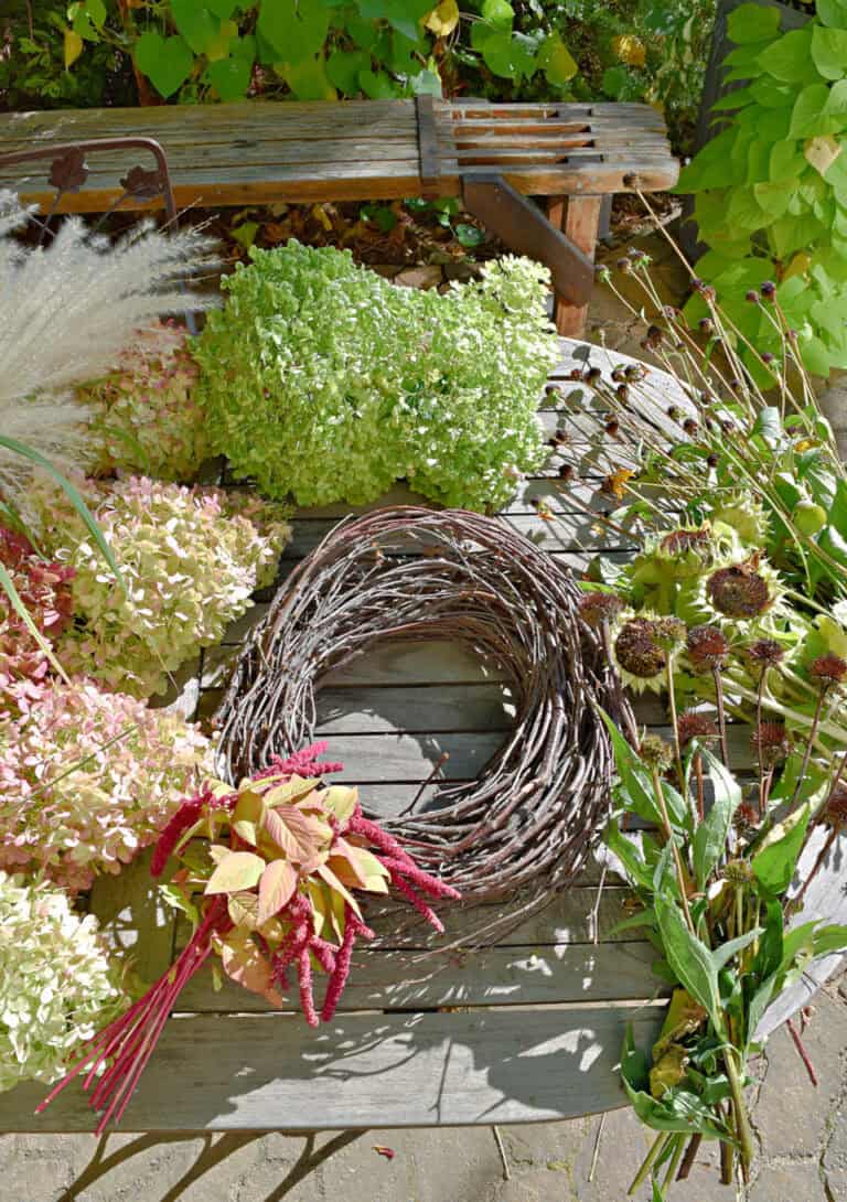 Making a fresh hydrangea wreath with garden flowers.