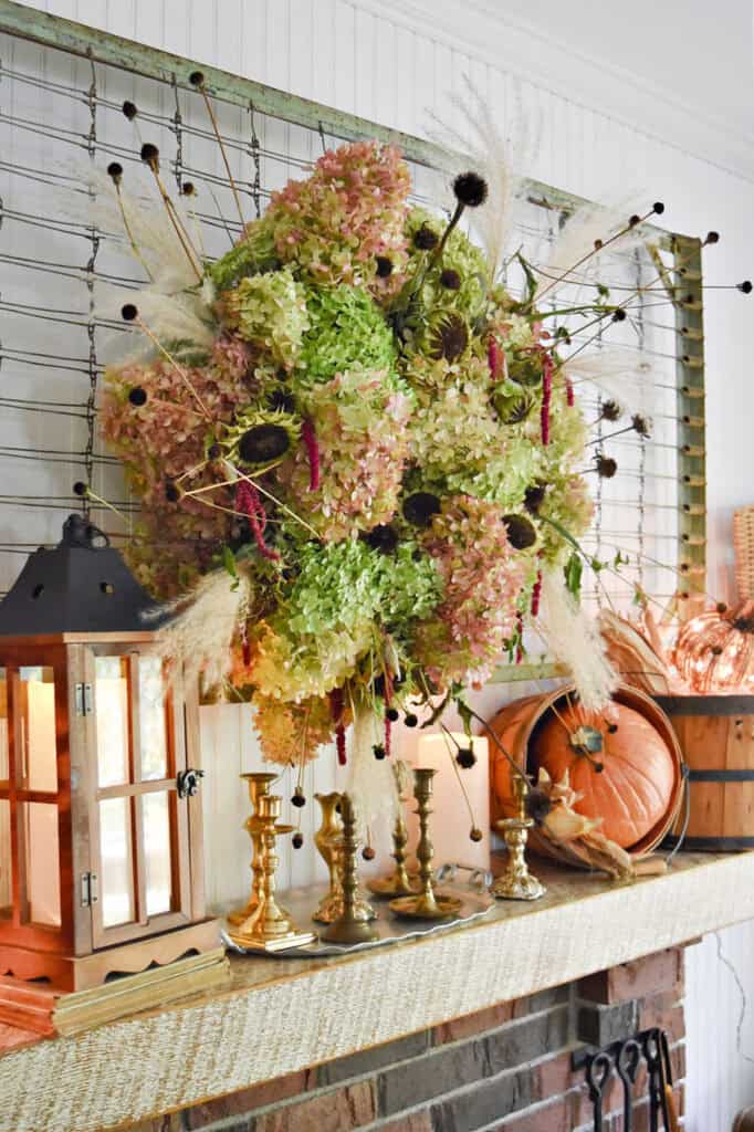 DIY fresh hydrangea wreath for harvest mantel beauty.