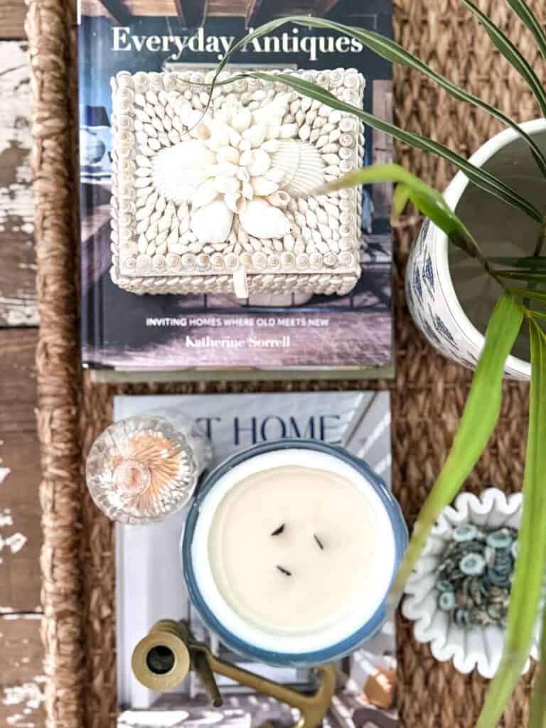 Coastal decor on coffee table.