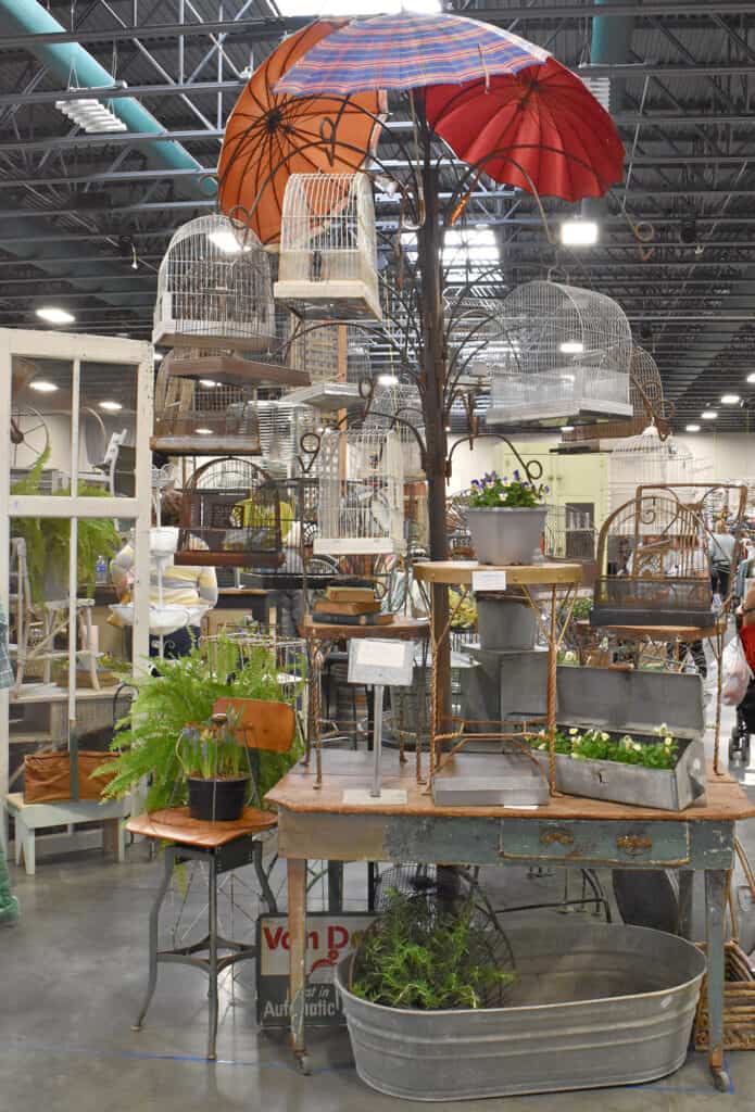 Junk Bonanza Spring display with birdcages