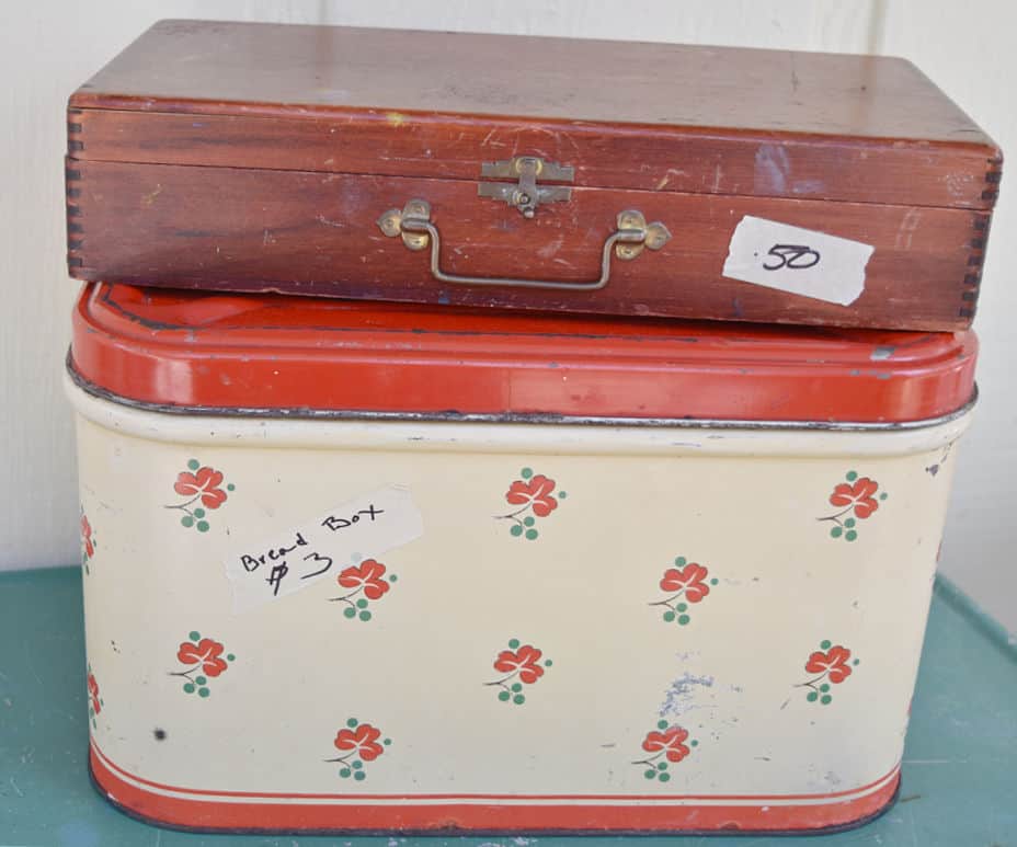 Vintage metal bread box and wood box