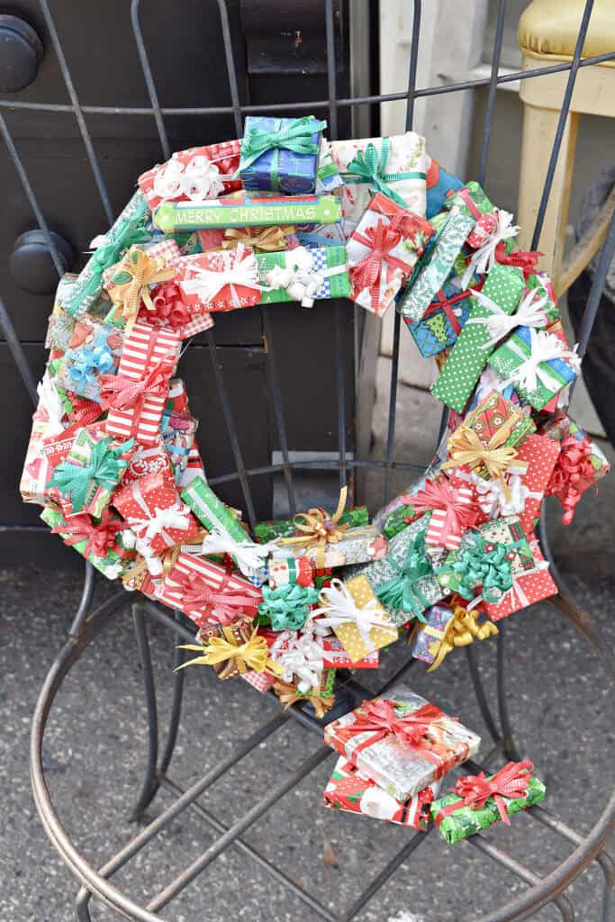 Hand crafted wrapped presents Christmas wreath.