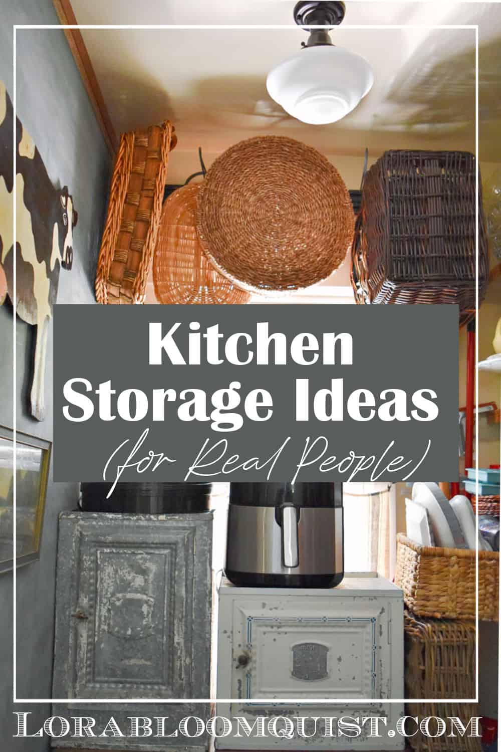 Baskets hanging on hooks as kitchen storage ideas pin.