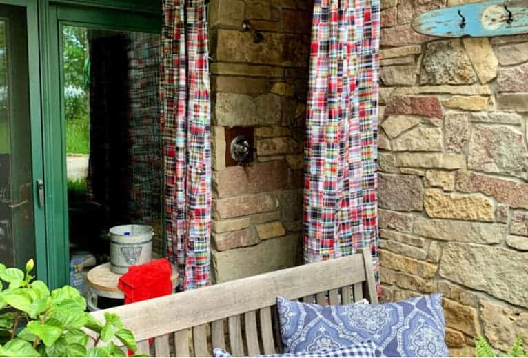 DIY outdoor shower curtain in plaid