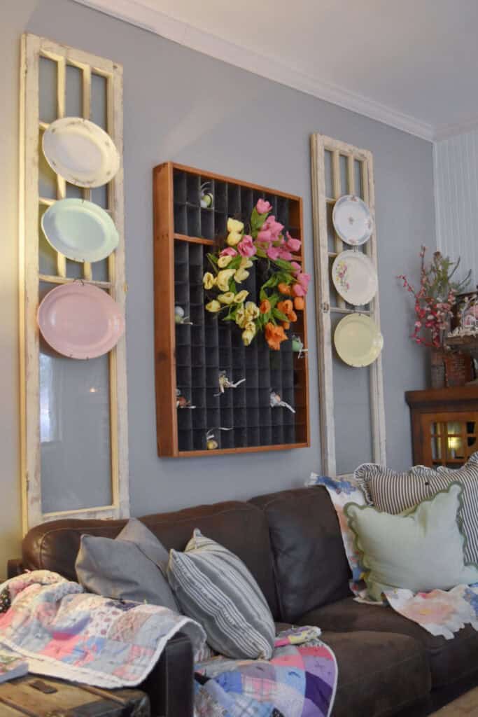 Spring decorated living room with tulip wreath.