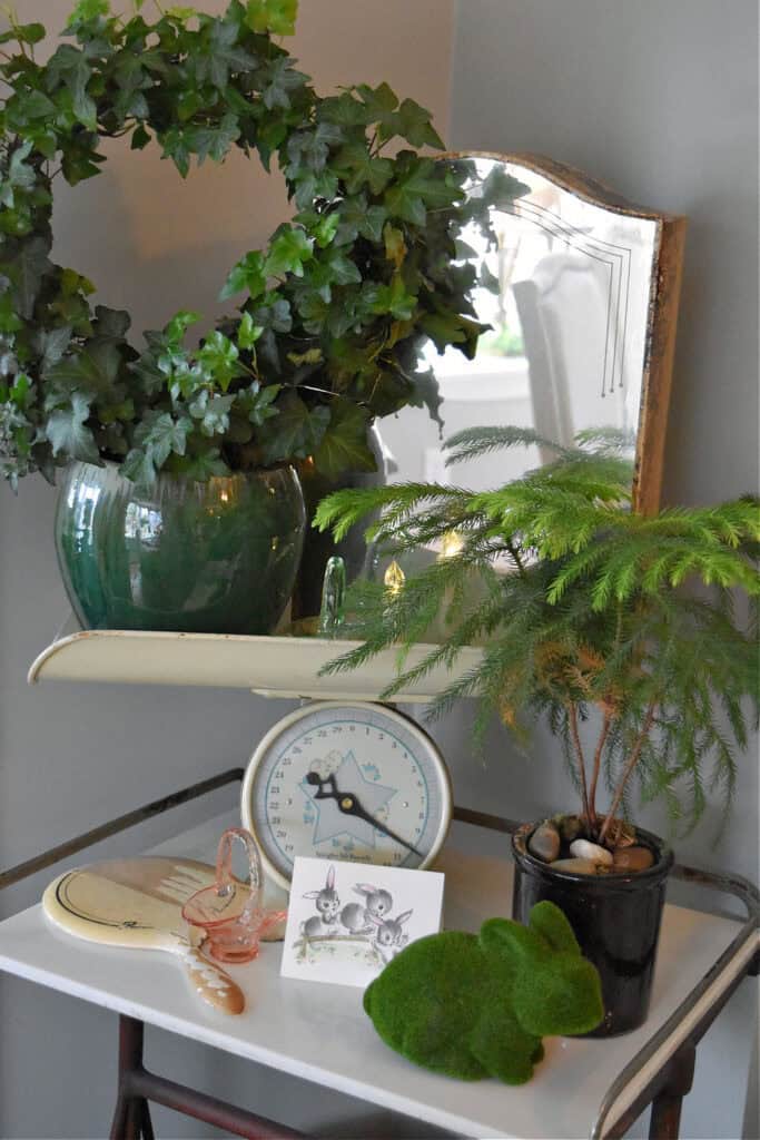 Vintage Vignette with ivy topiary and Spring decor.