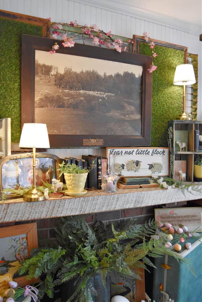 Easter decorated mantel with vintage finds.