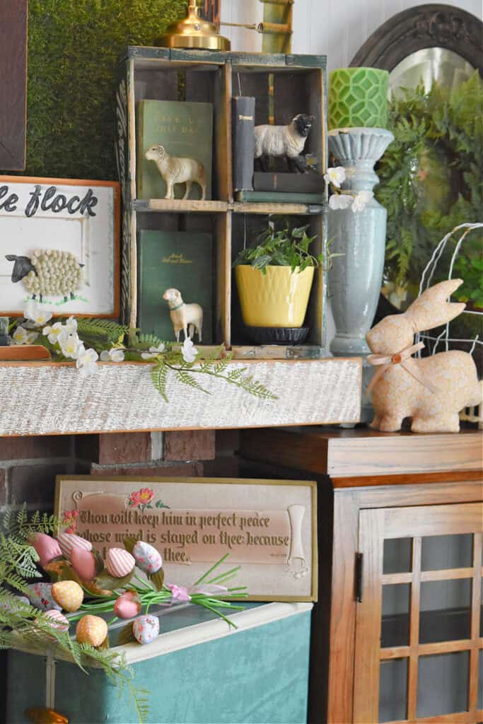 Vintage Easter decor on mantel.