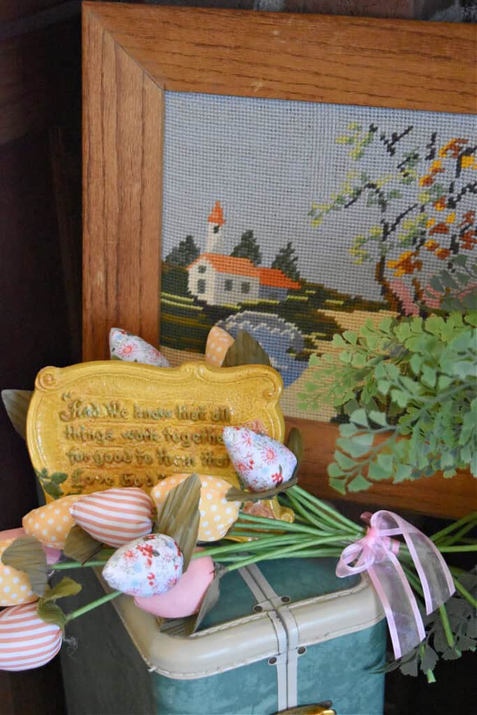 Vintage finds as Easter decor on mantel.