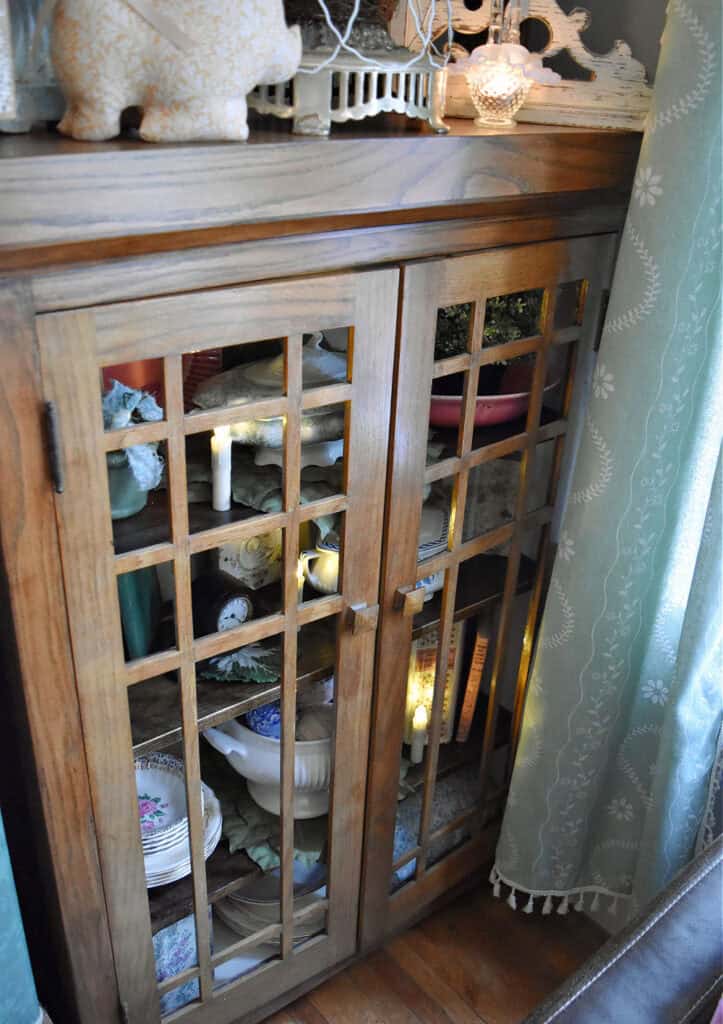 Antique oak built in cupboards with Spring decor.