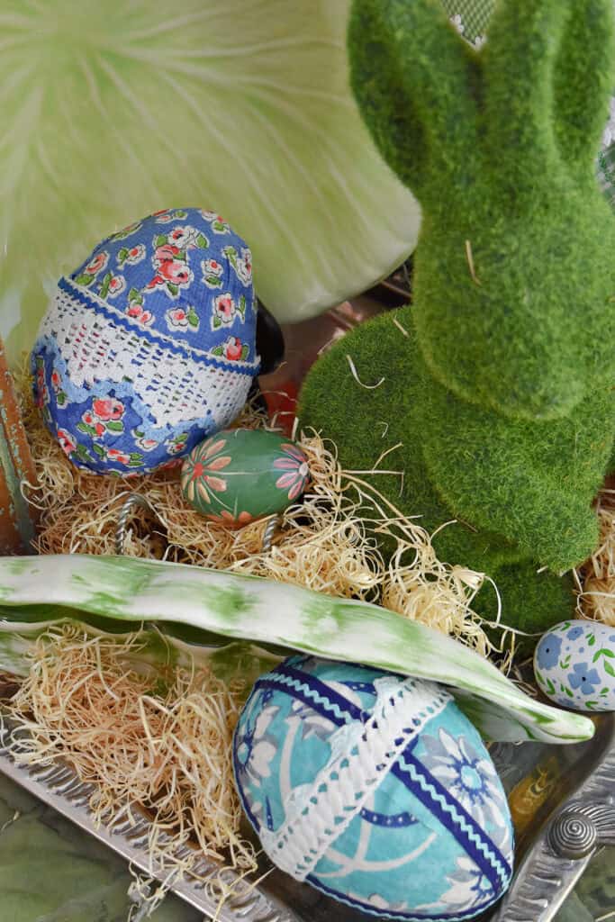 Moss bunny, fabric Easter eggs with lace edging.