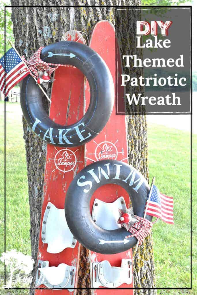 A tire's inner tube gets upcycled to make this fun DIY lake-themed Patriotic wreath.