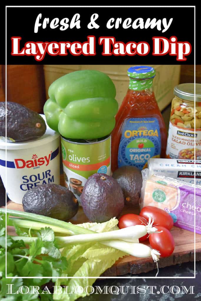 Layered Taco Dip ingredients pin image.