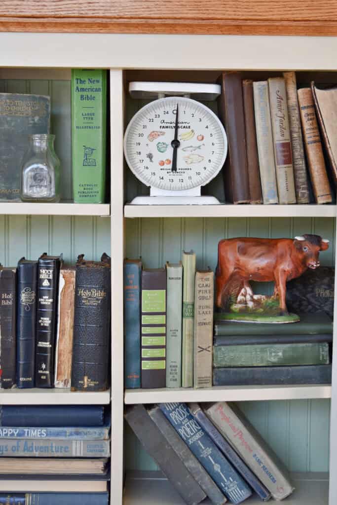 Old books styled in bookshelf by color.