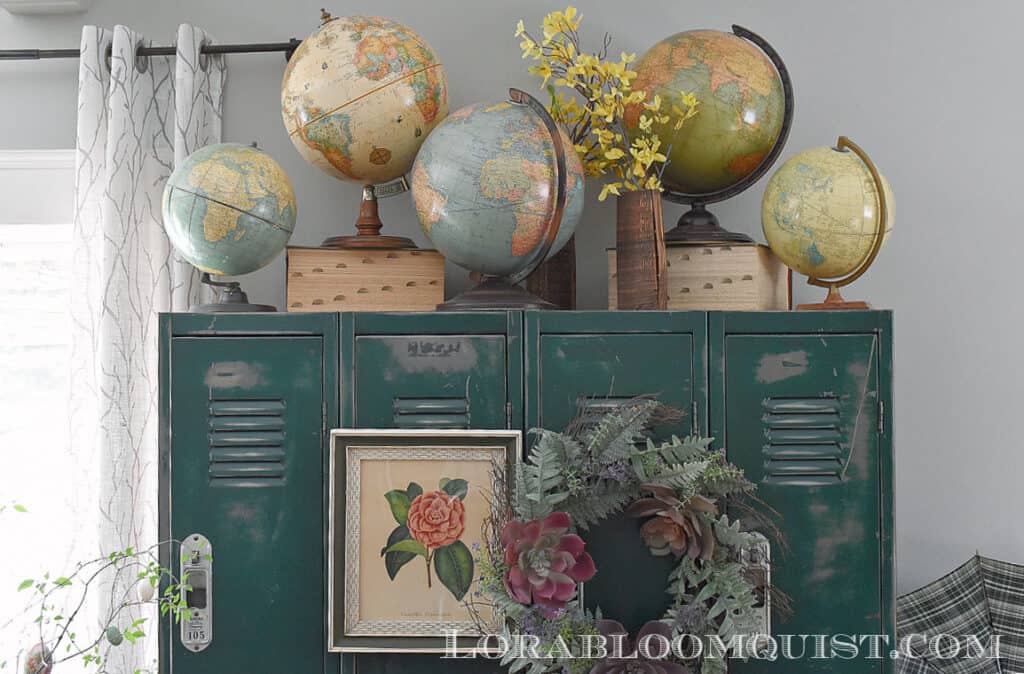 Globe collections on vintage lockers