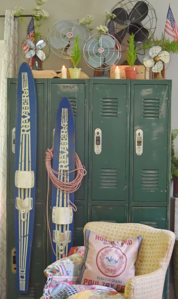 Vintage fan collection on old lockers