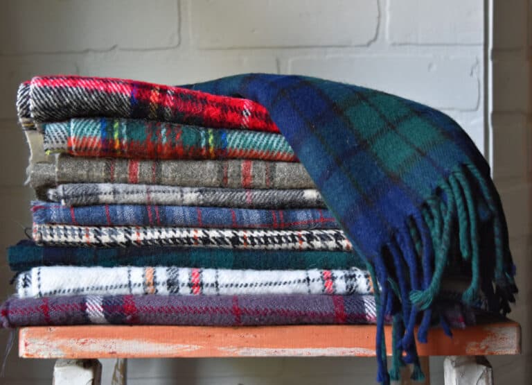 Stack of plaid scarves.